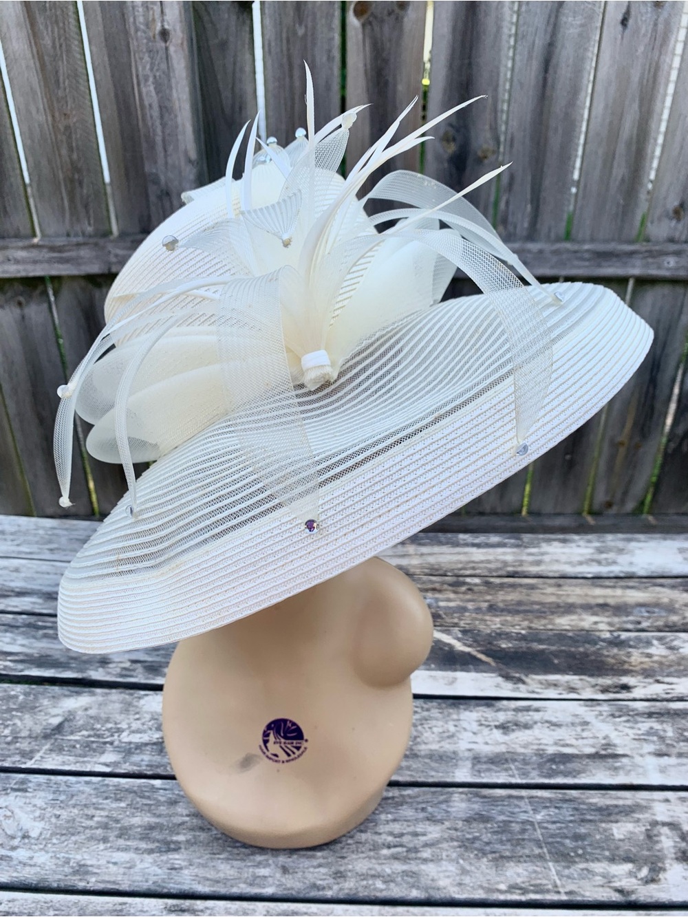 Vintage Ivory White Wide Brim Church Derby Hat Feathers Rhinestones Mesh - Picture 4 of 6